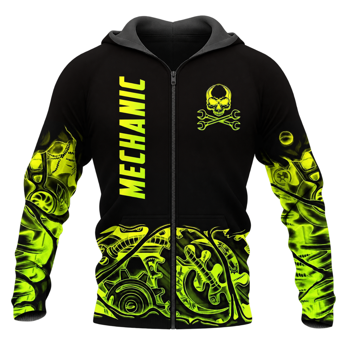 Personalized Mechanic Zip Hoodie - Black Yellow Gear Pattern - front view