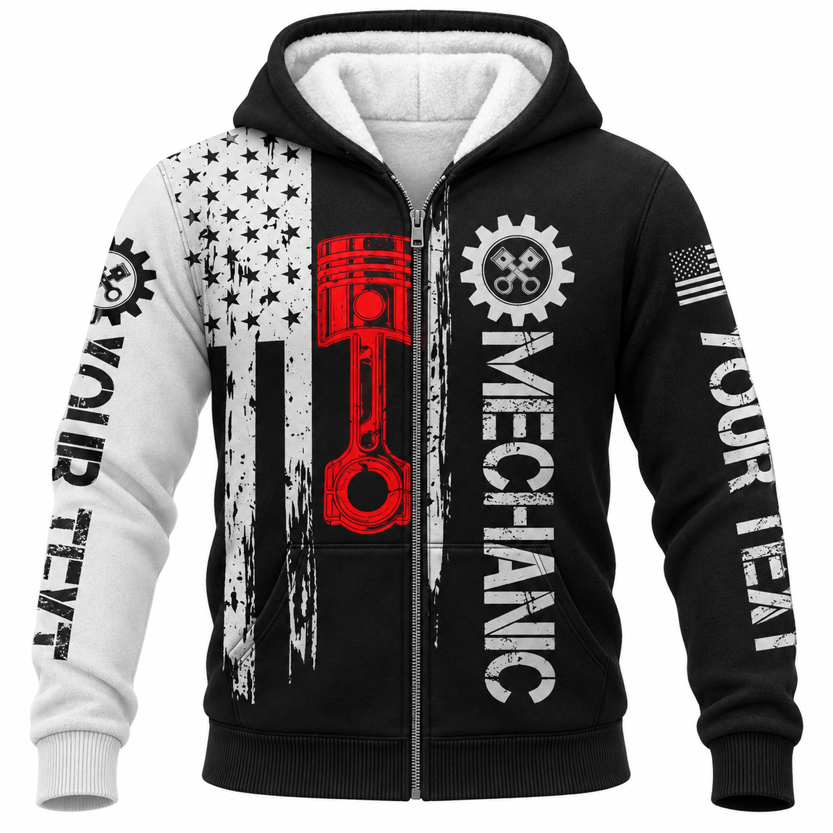 Personalized Mechanic Fleece Zip Hoodie - Black White Tools Red Wrench - front view