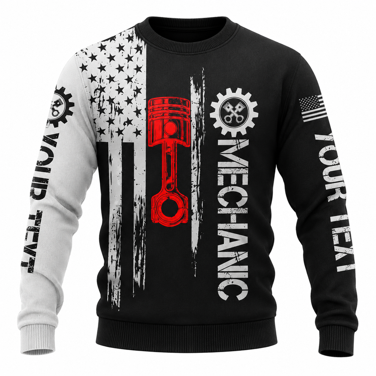 Personalized Mechanic Sweatshirt - Black White Tools Red Wrench - front view