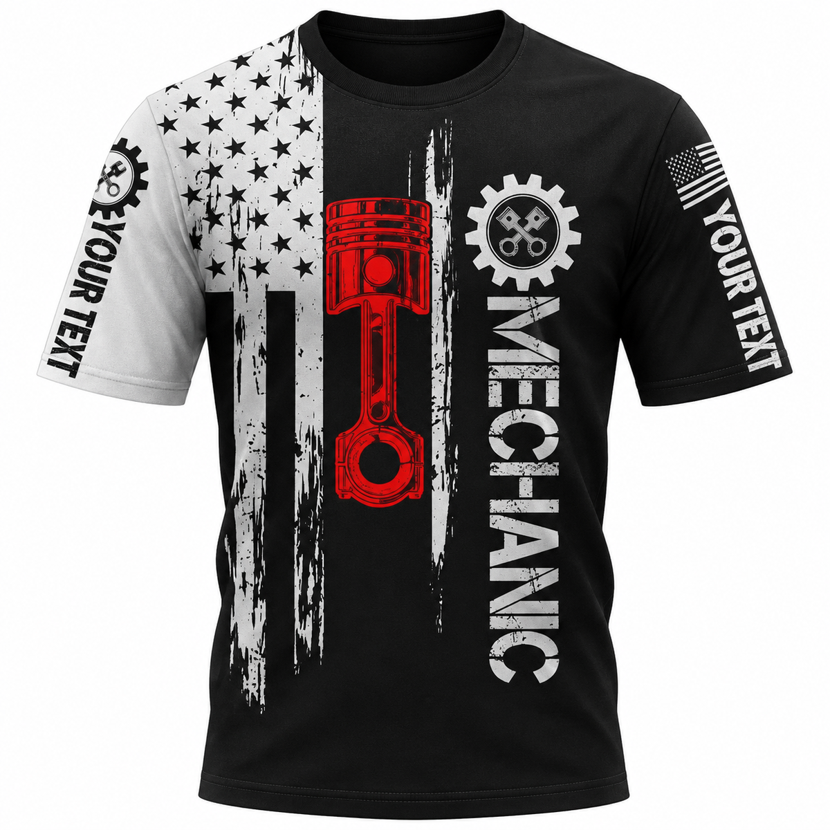 Personalized Mechanic T-Shirt - Black White Tools Red Wrench - front view