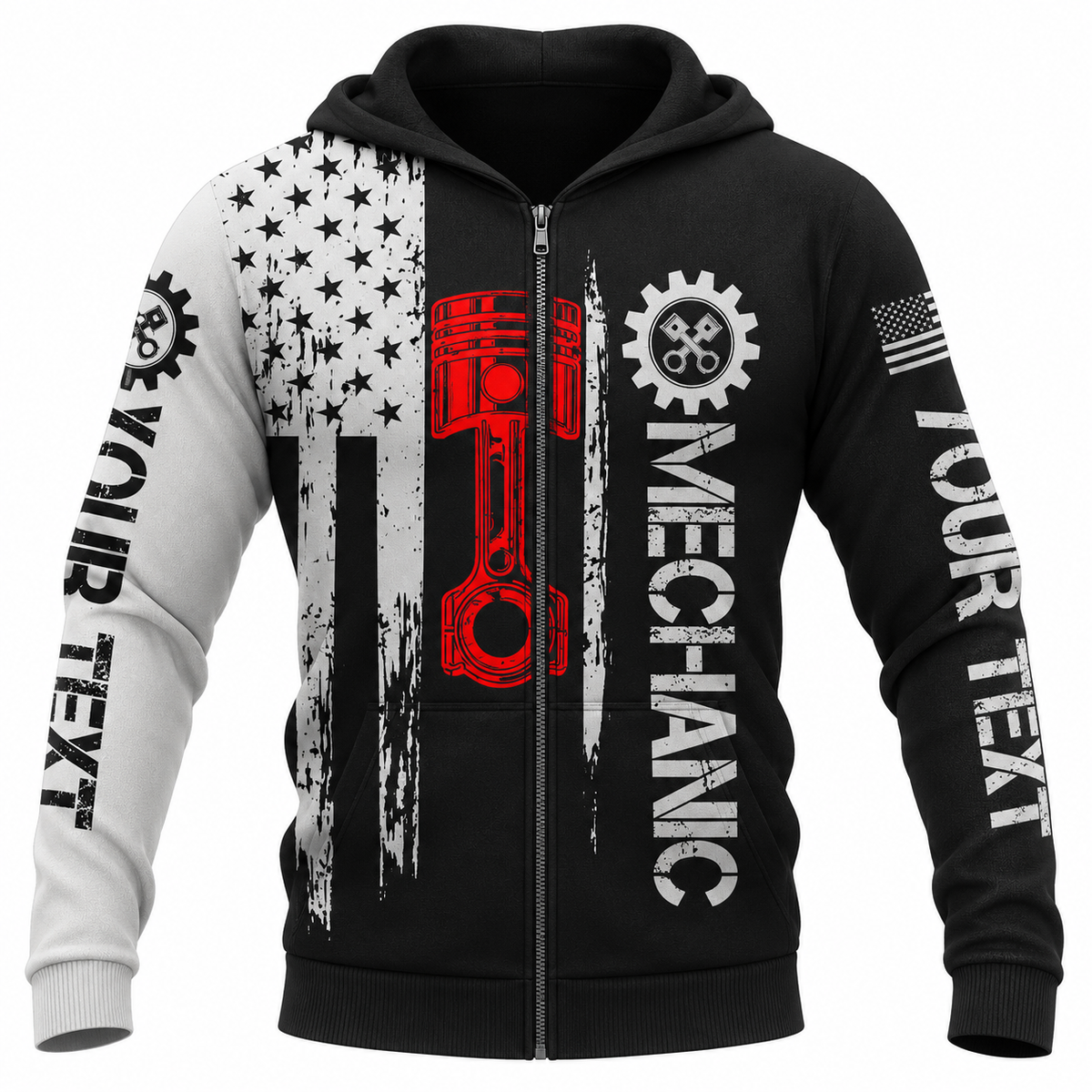 Personalized Mechanic Zip Hoodie - Black White Tools Red Wrench - front view