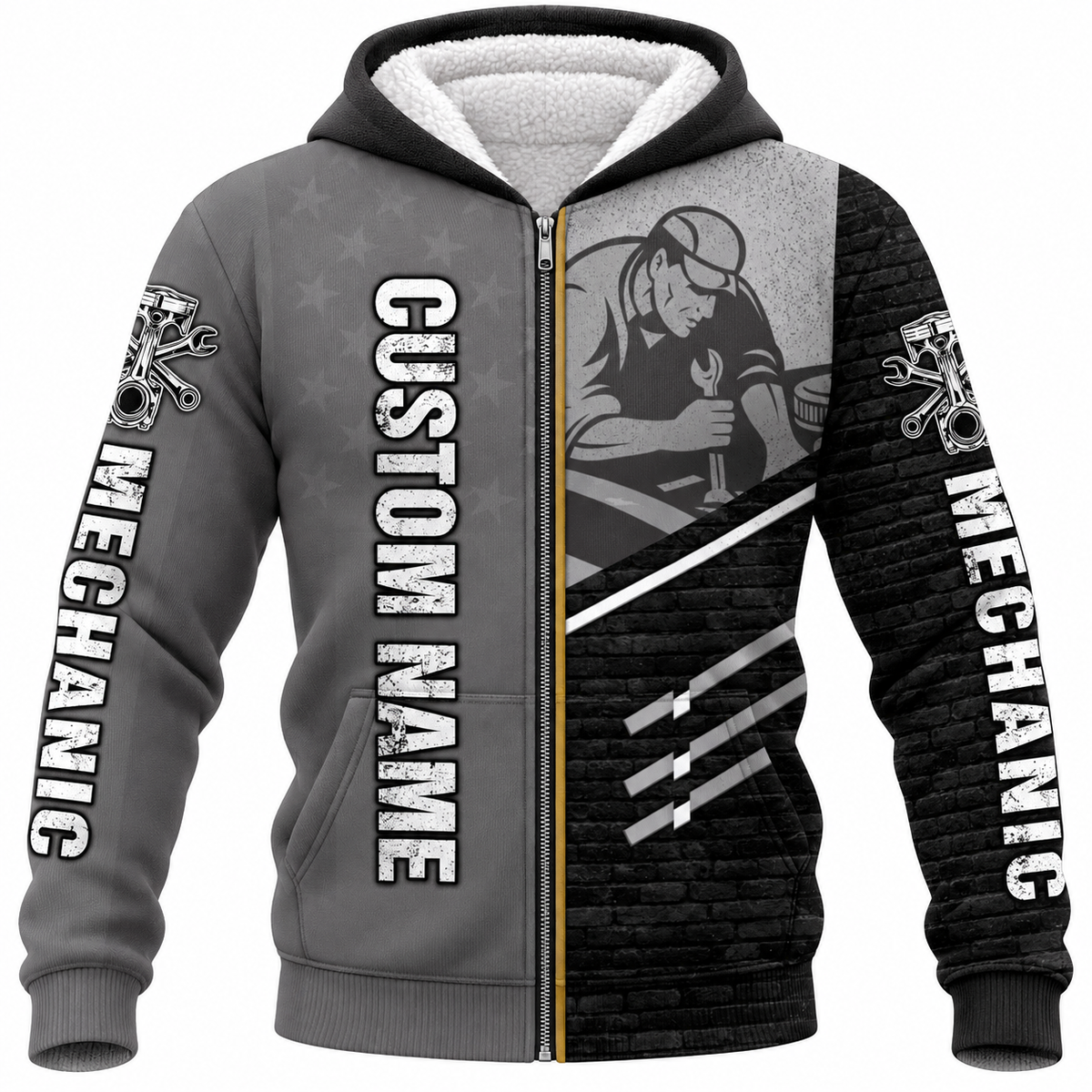 Personalized Mechanic Fleece Zip Hoodie - Grey Black Mechanic At Work - front view