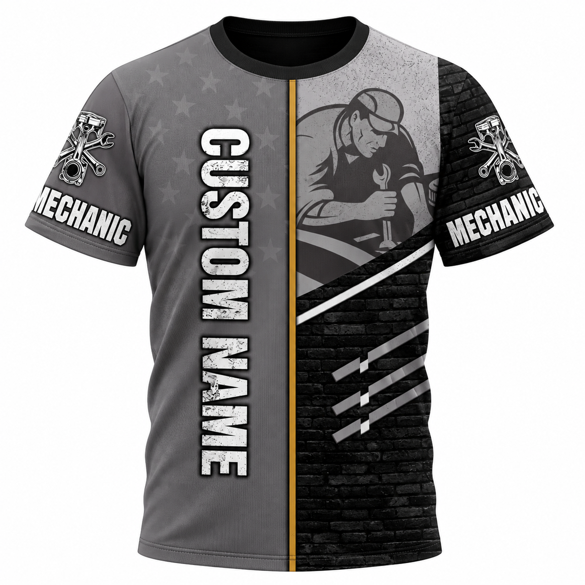 Personalized Mechanic T-Shirt - Grey Black Mechanic At Work - front view