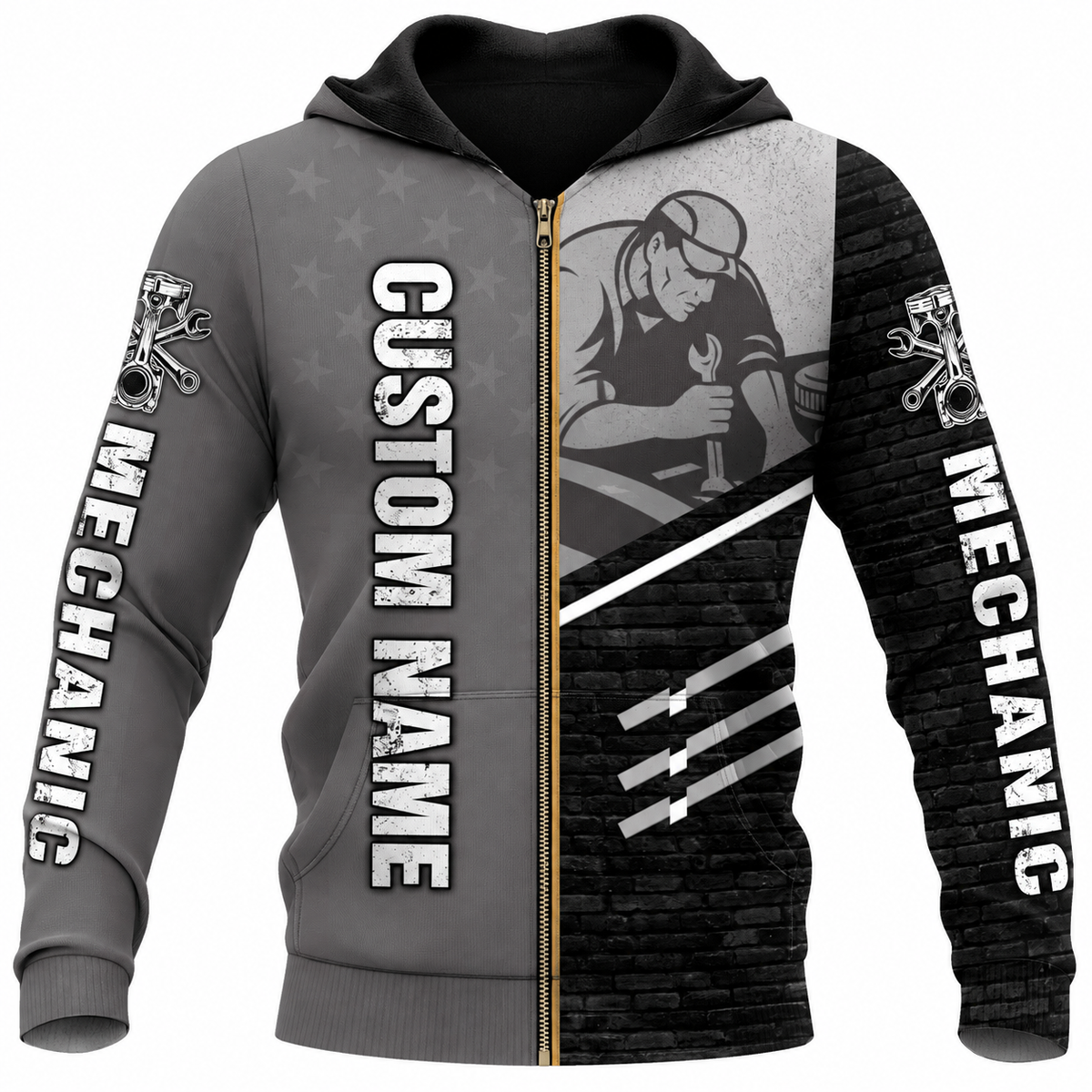 Personalized Mechanic Zip Hoodie - Grey Black Mechanic At Work - front view