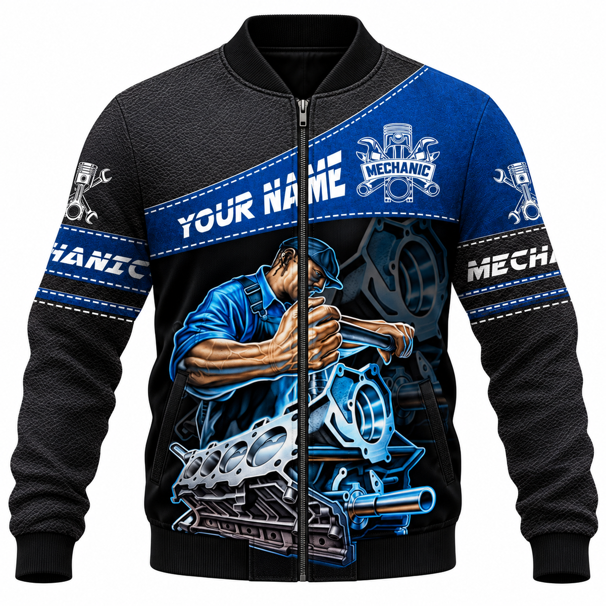 Personalized Mechanic Bomber Jacket - Blue Engine Repair Illustration - front view