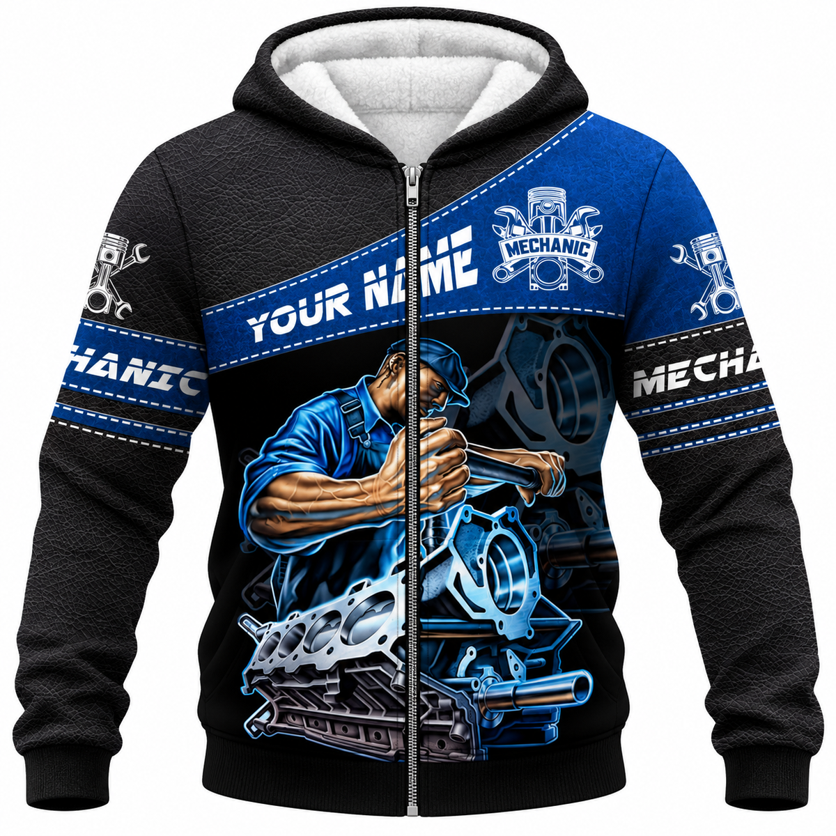 Personalized Mechanic Fleece Zip Hoodie - Blue Engine Repair Illustration - front view
