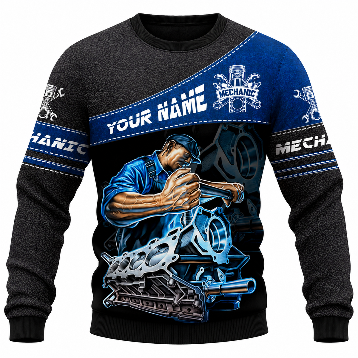 Personalized Mechanic Sweatshirt - Blue Engine Repair Illustration - front view