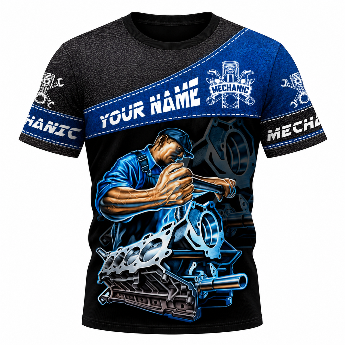 Personalized Mechanic T-Shirt - Blue Engine Repair Illustration - front view