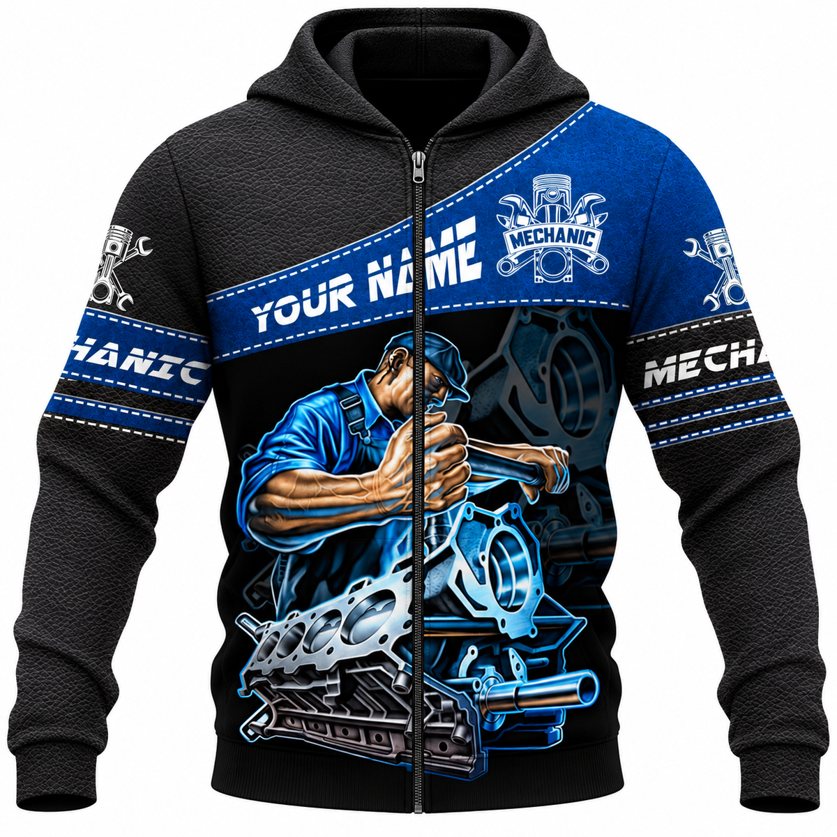 Personalized Mechanic Zip Hoodie - Blue Engine Repair Illustration - front view
