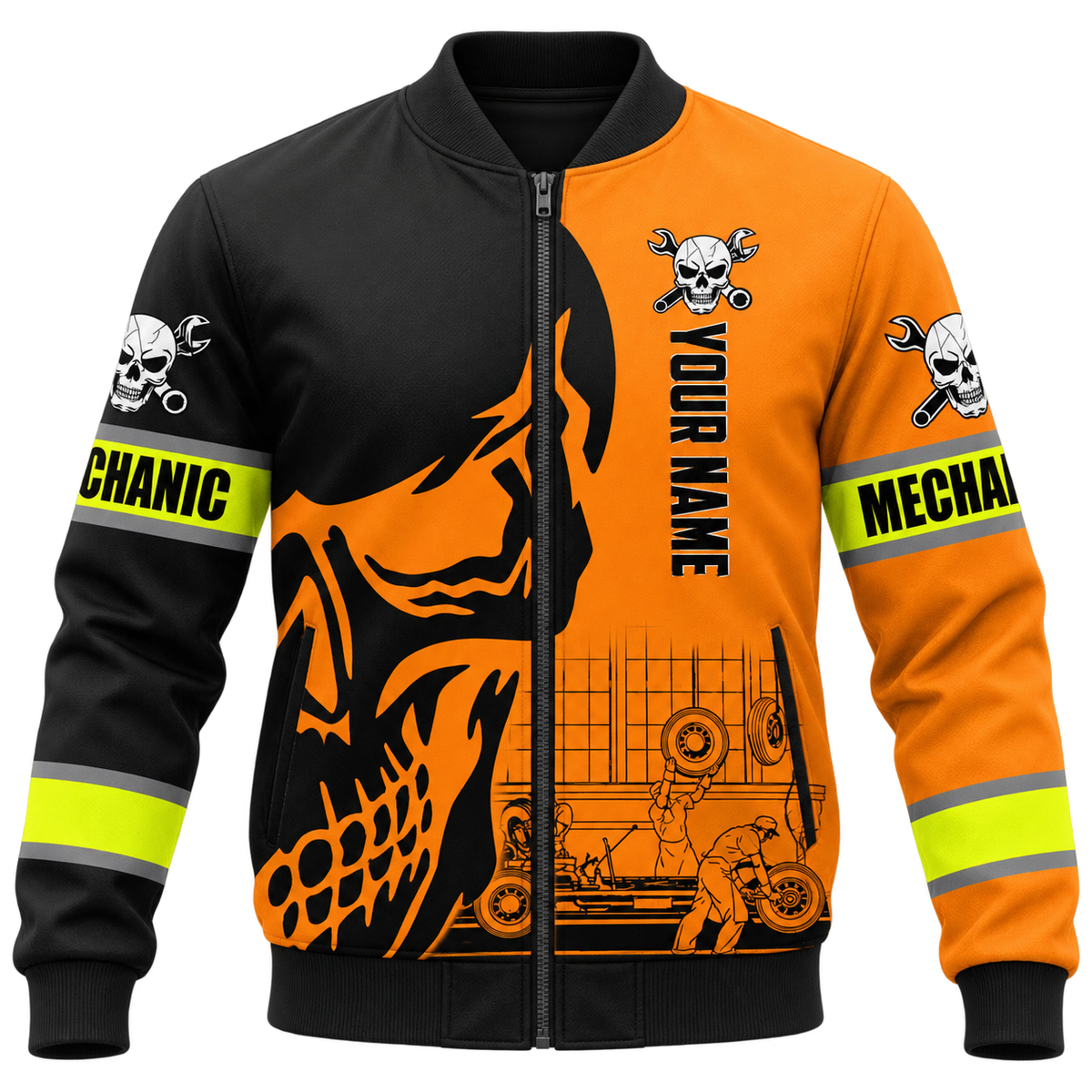 Personalized Mechanic Bomber Jacket - Orange Black Skull Engine - front view