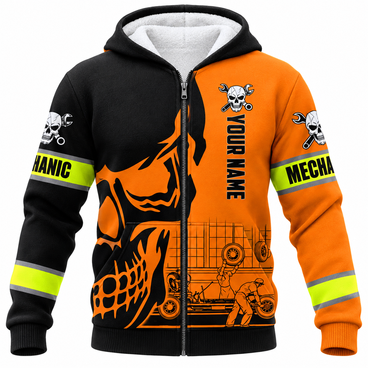 Personalized Mechanic Fleece Zip Hoodie - Orange Black Skull Engine - front view