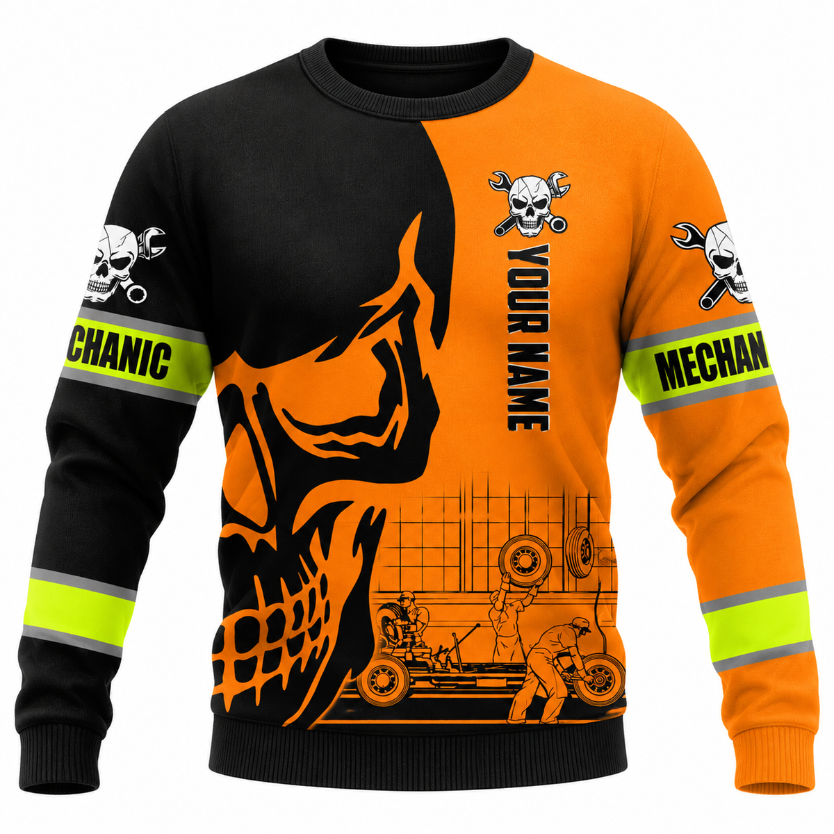 Personalized Mechanic Sweatshirt - Orange Black Skull Engine - front view
