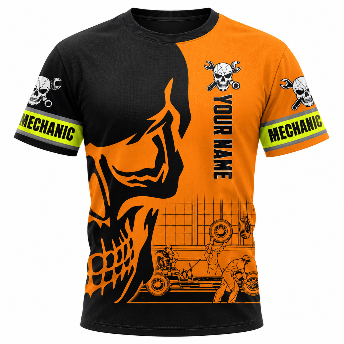 Personalized Mechanic T-Shirt - Orange Black Skull Engine - front view
