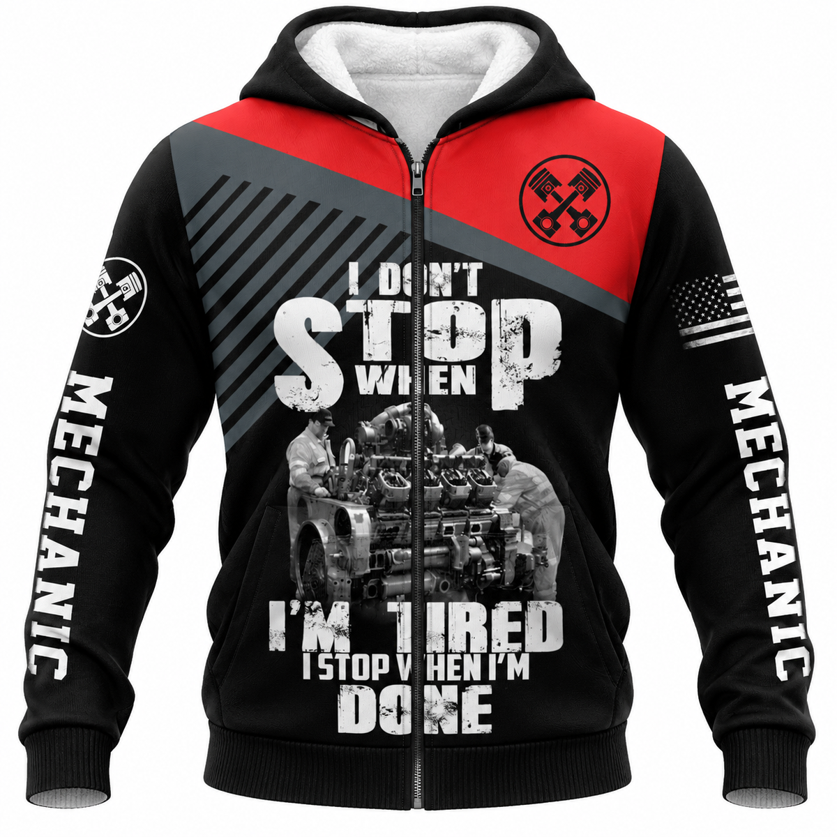Personalized Mechanic Fleece Zip Hoodie - Red Black Mechanic Work Quote - front view