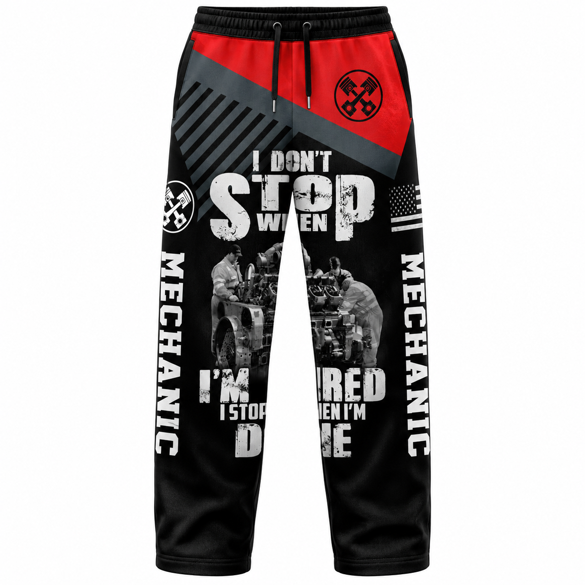 Personalized Mechanic Long Pants - Red Black Mechanic Work Quote - front view