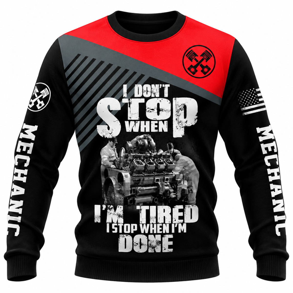 Personalized Mechanic Sweatshirt - Red Black Mechanic Work Quote - front view