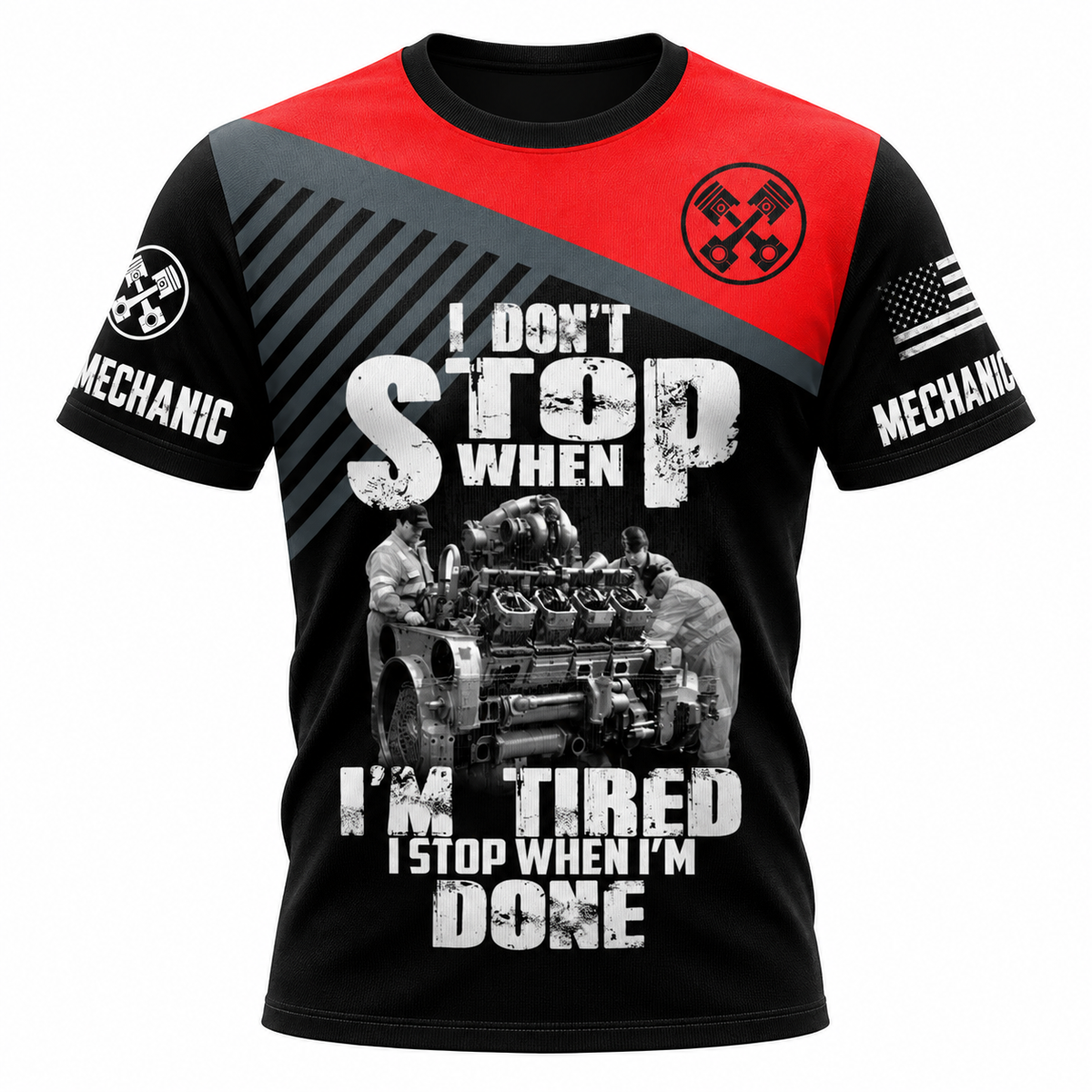Personalized Mechanic T-Shirt - Red Black Mechanic Work Quote - front view