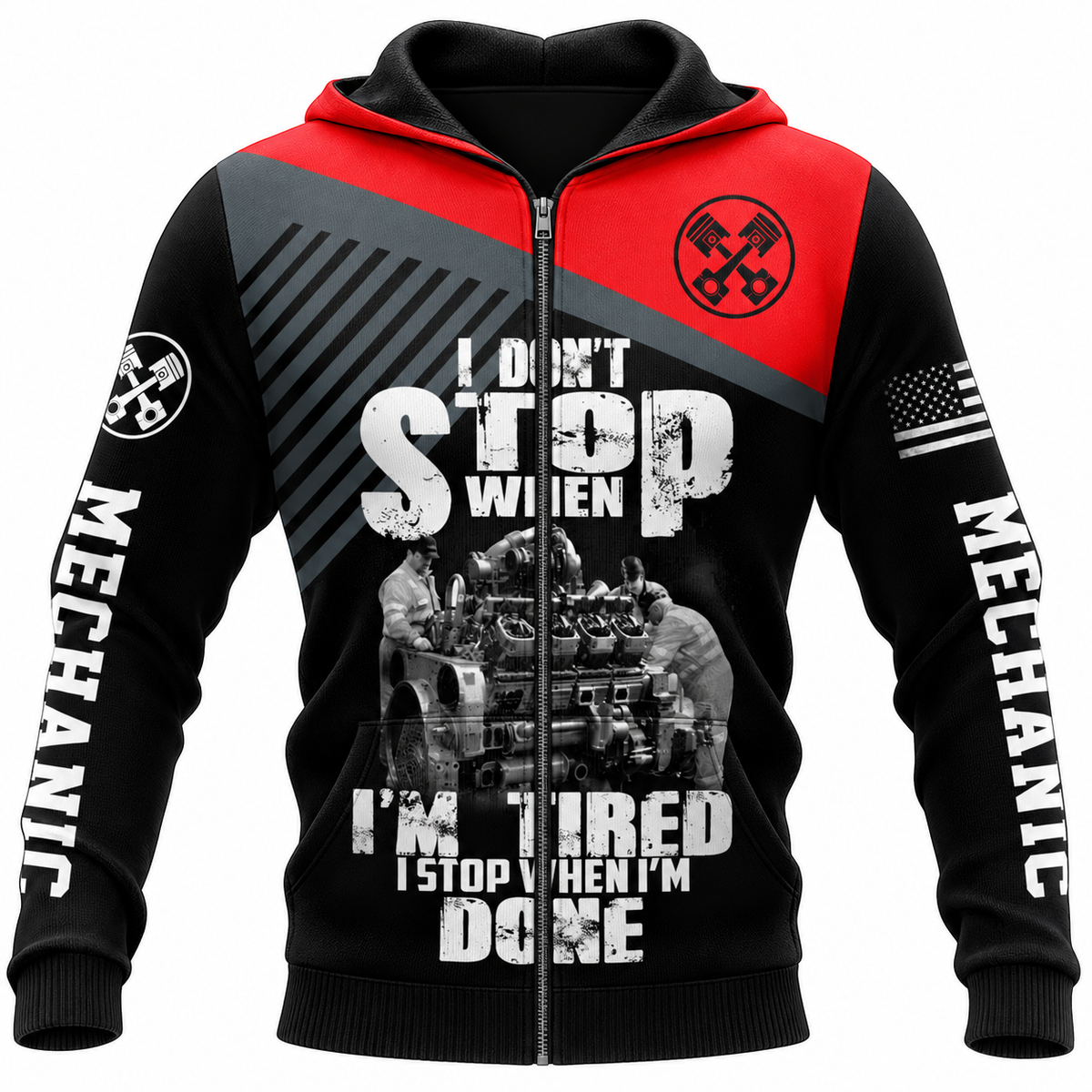 Personalized Mechanic Zip Hoodie - Red Black Mechanic Work Quote - front view
