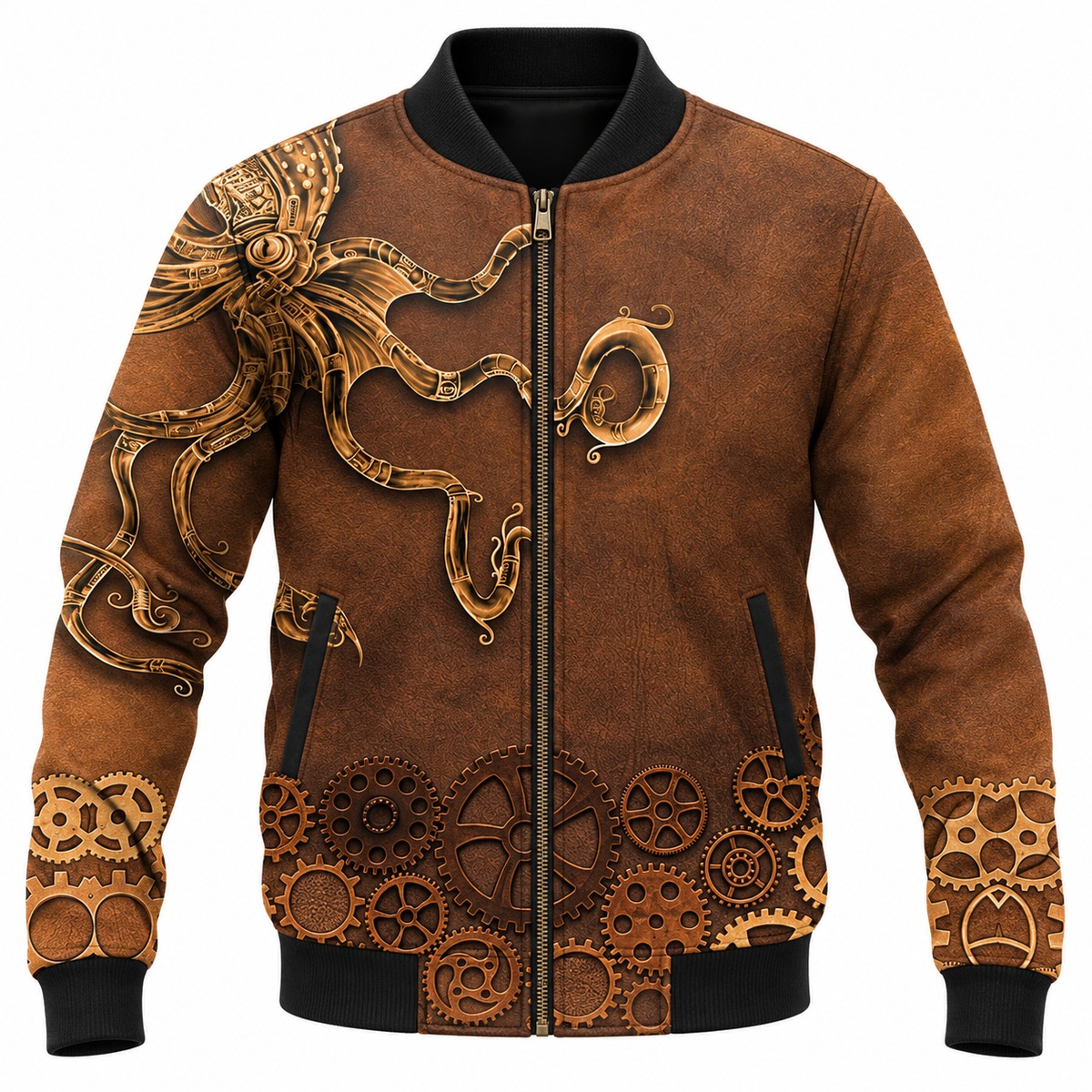 Personalized Mechanic Bomber Jacket - Brown Steampunk Gears - front view