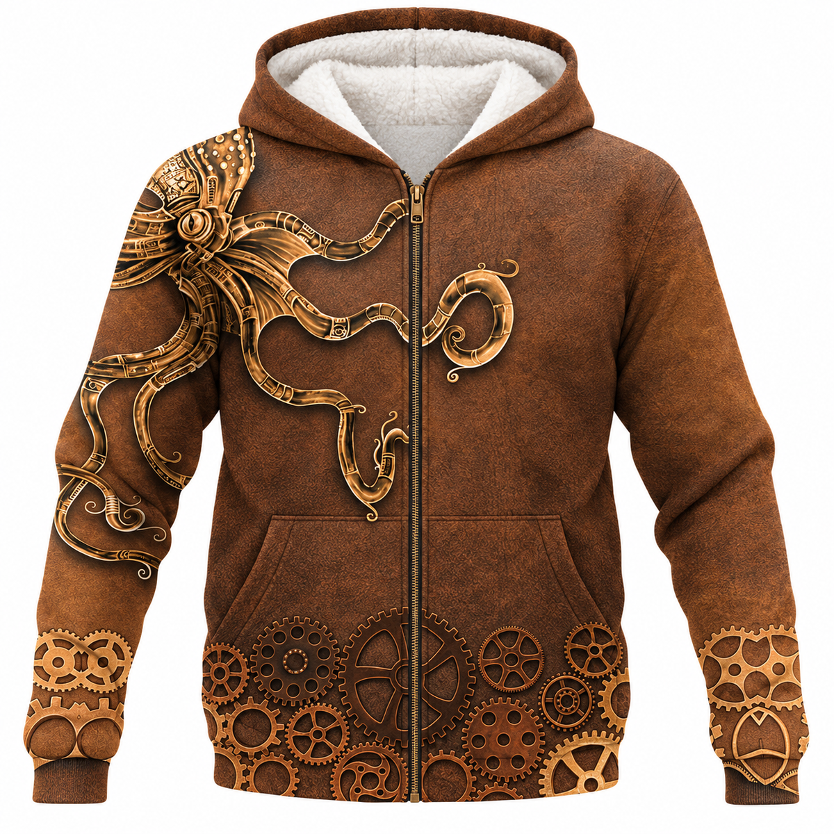 Personalized Mechanic Fleece Zip Hoodie - Brown Steampunk Gears - front view