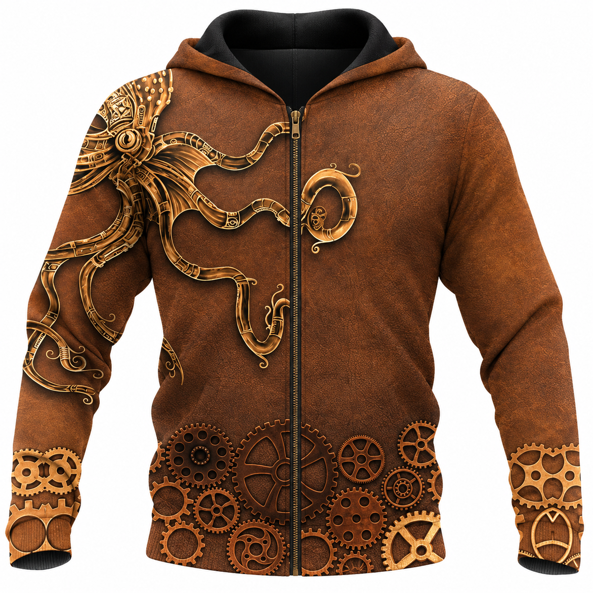 Personalized Mechanic Zip Hoodie - Brown Steampunk Gears - front view