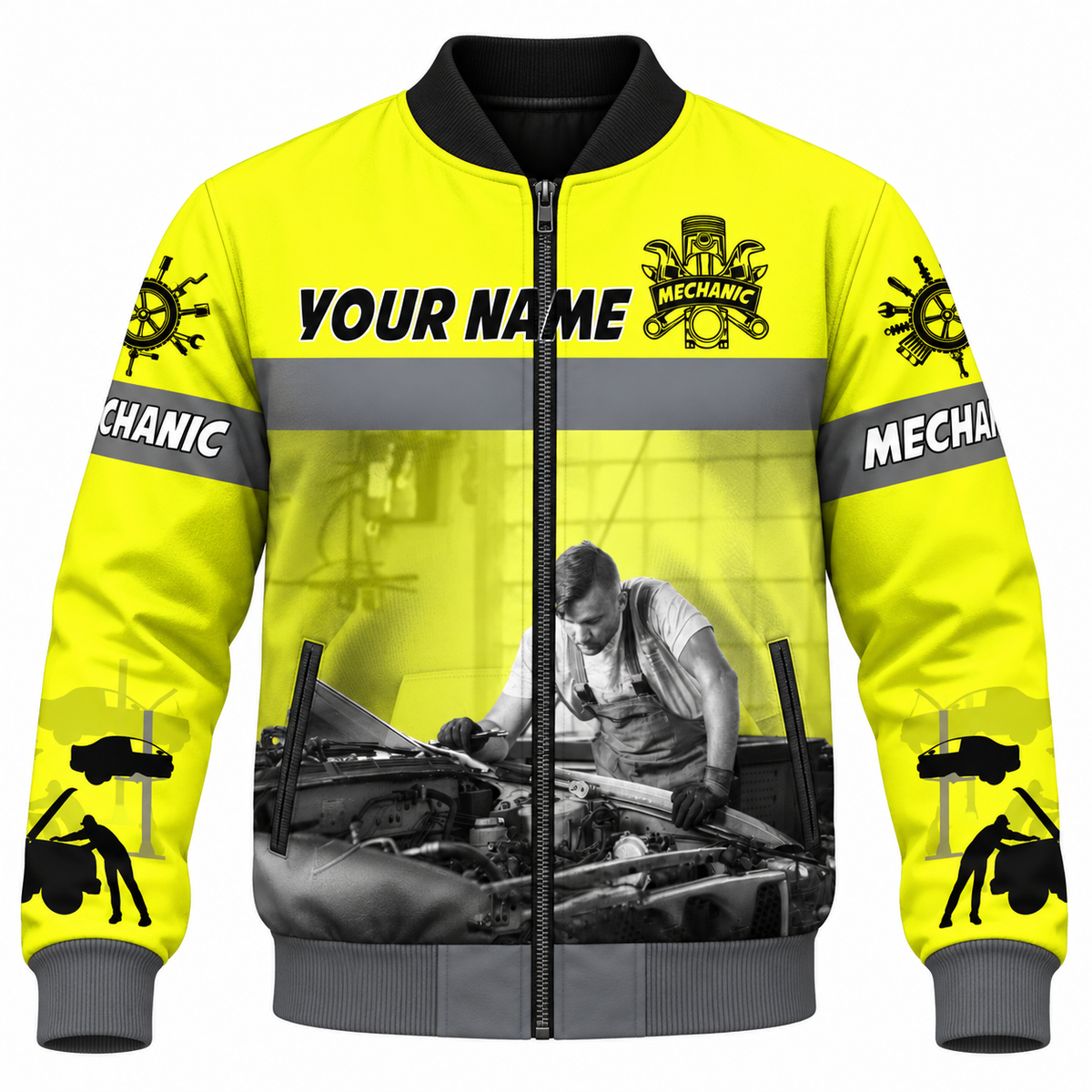 Personalized Mechanic Bomber Jacket - Yellow Mechanic At Work - front view