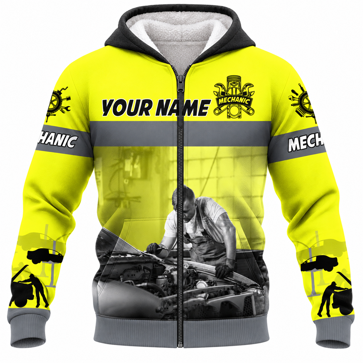 Personalized Mechanic Fleece Zip Hoodie - Yellow Mechanic At Work - front view