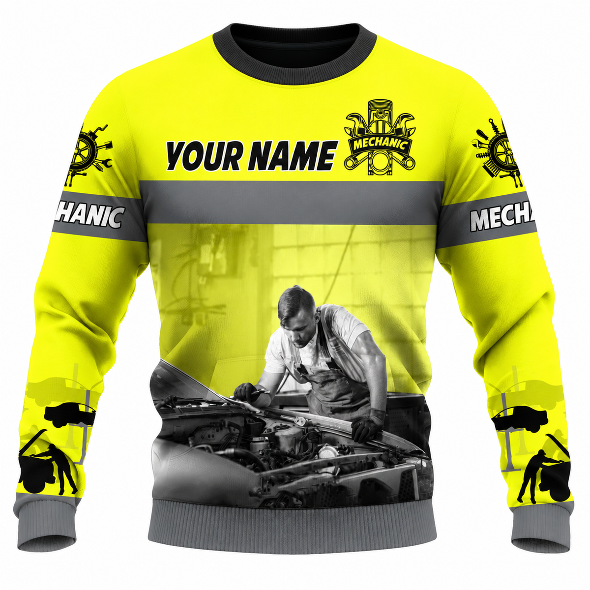 Personalized Mechanic Sweatshirt - Yellow Mechanic At Work - front view