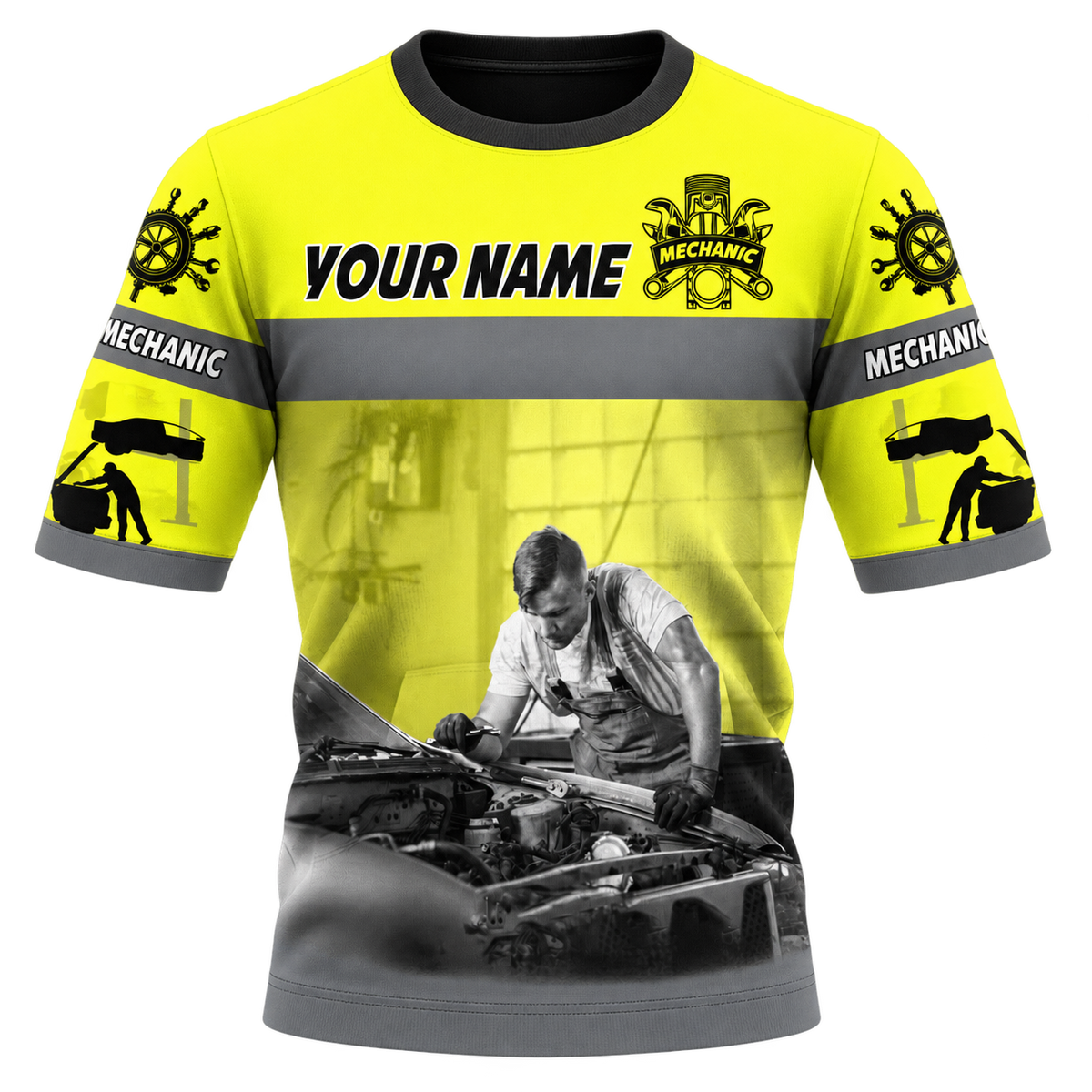Personalized Mechanic T-Shirt - Yellow Mechanic At Work - front view
