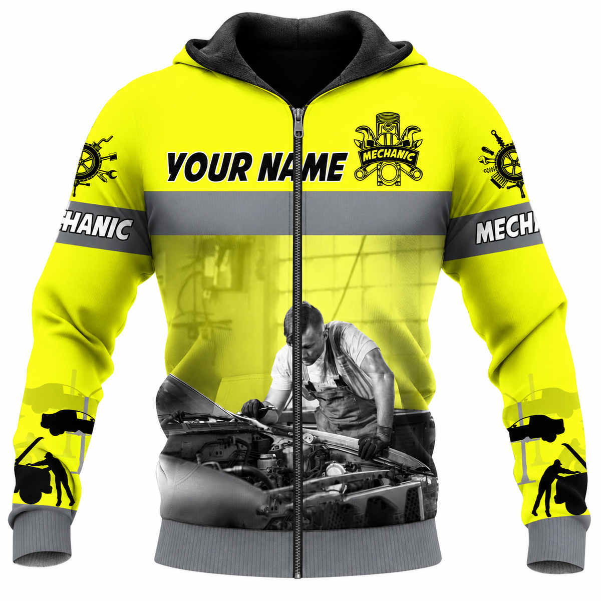 Personalized Mechanic Zip Hoodie - Yellow Mechanic At Work - front view