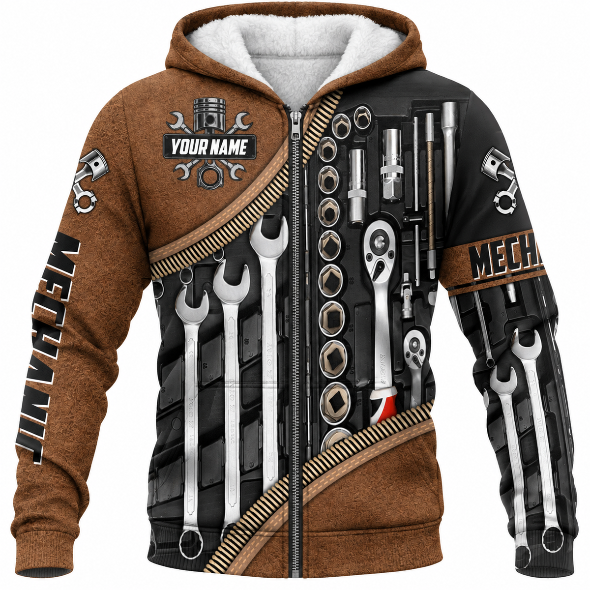 Personalized Mechanic Fleece Zip Hoodie - Brown Tool Roll Wrench Set - front view