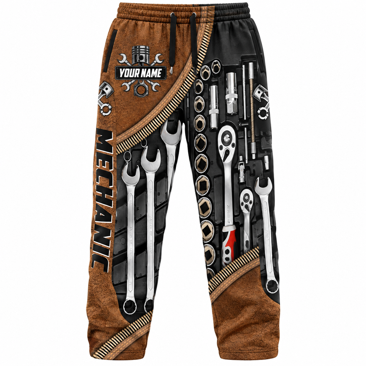 Personalized Mechanic Long Pants - Brown Tool Roll Wrench Set - front view