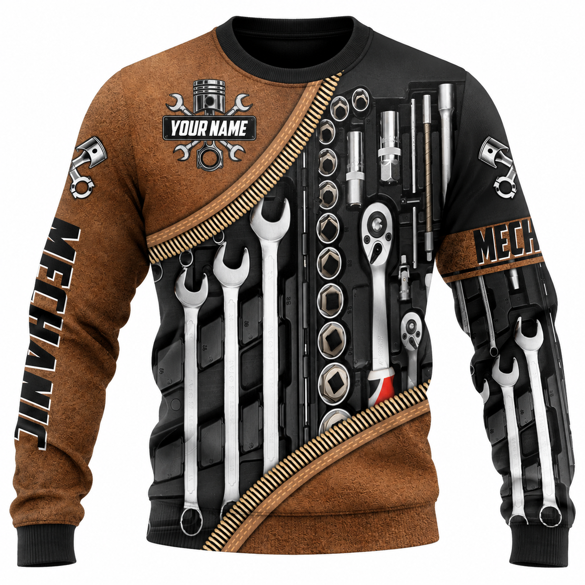 Personalized Mechanic Sweatshirt - Brown Tool Roll Wrench Set - front view