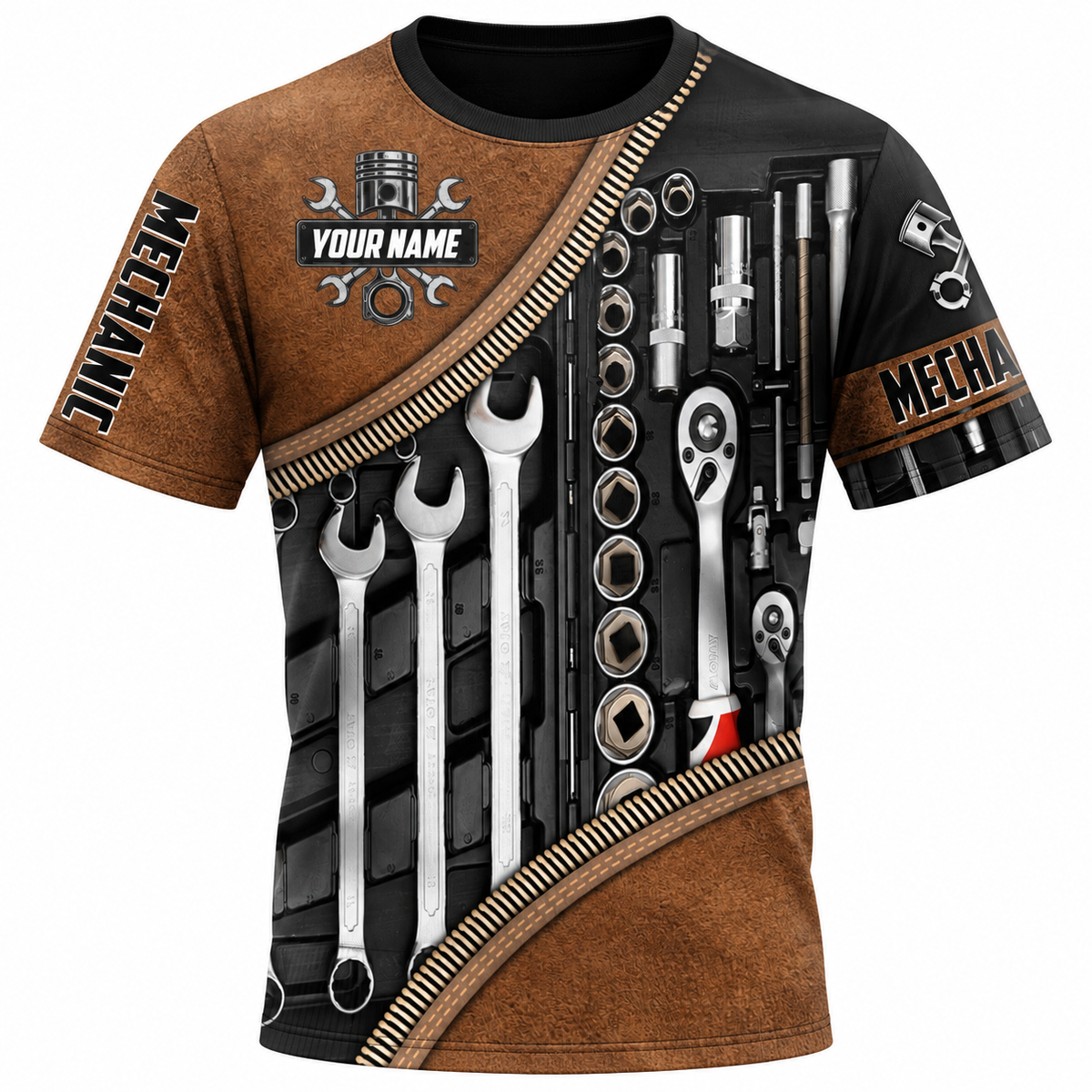 Personalized Mechanic T-Shirt - Brown Tool Roll Wrench Set - front view