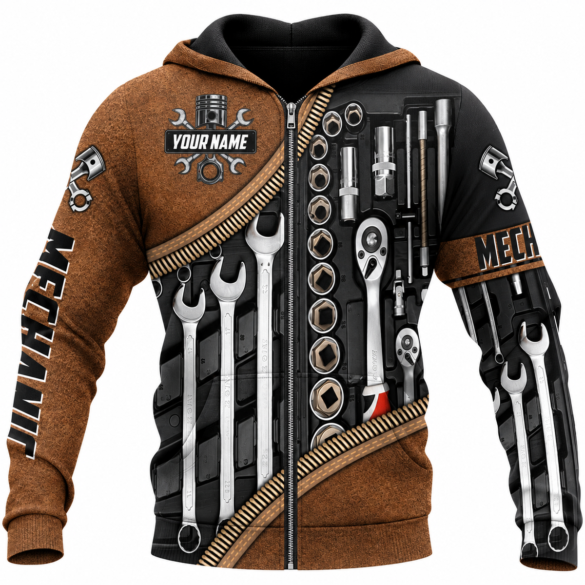 Personalized Mechanic Zip Hoodie - Brown Tool Roll Wrench Set - front view