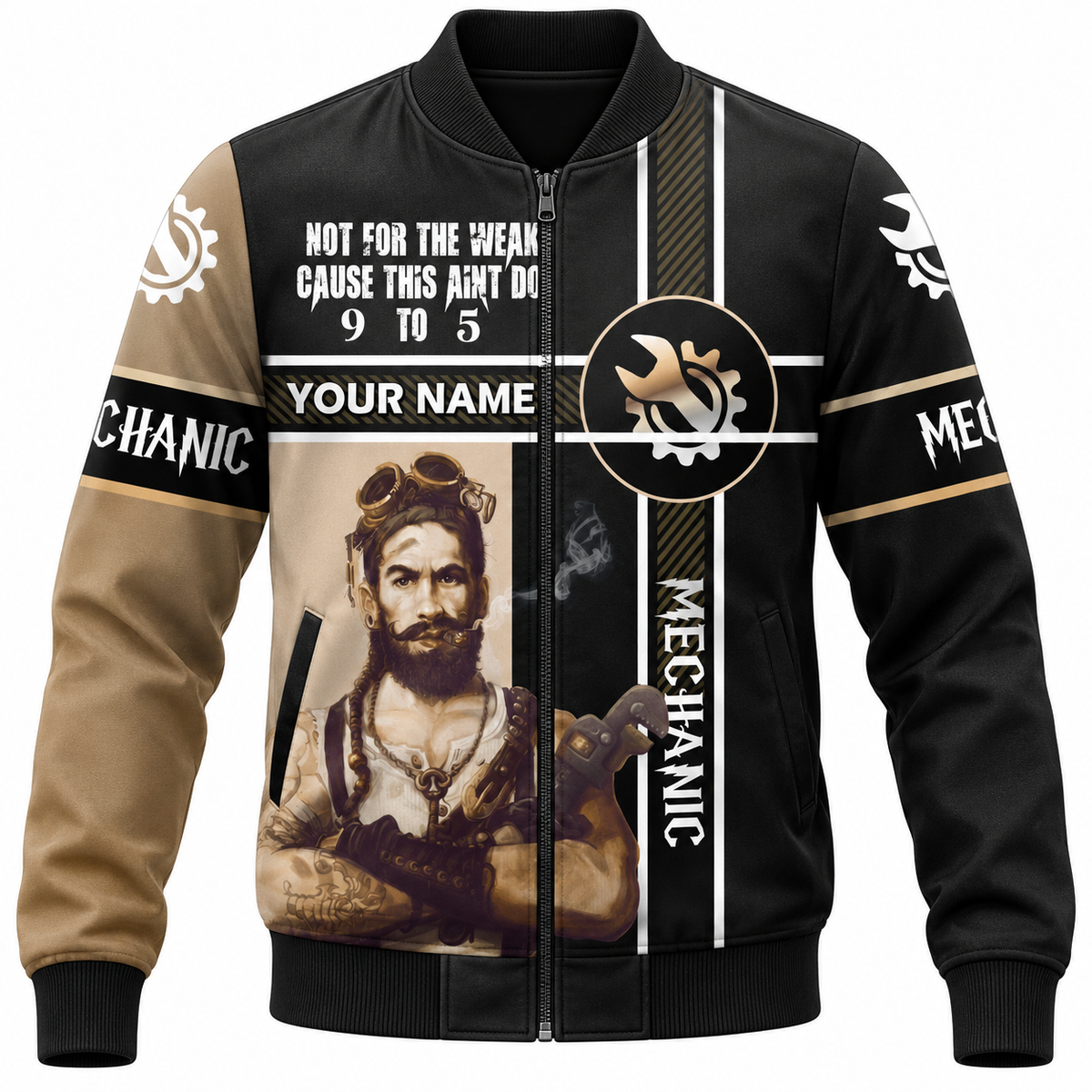 Personalized Mechanic Bomber Jacket - Black Tan Jesus Portrait - front view
