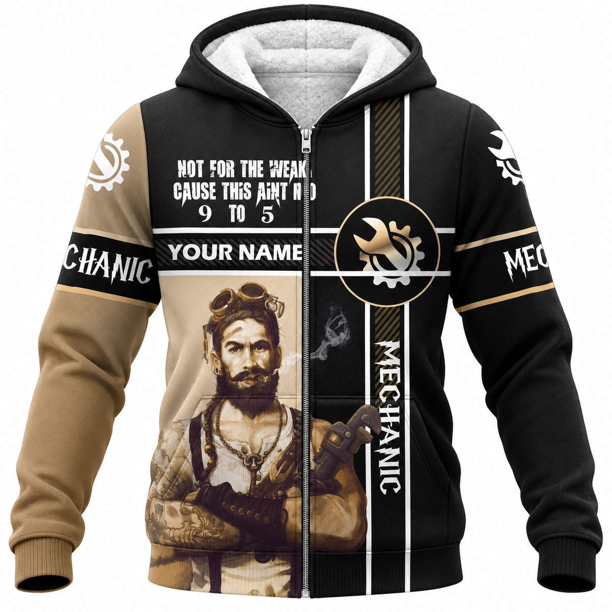 Personalized Mechanic Fleece Zip Hoodie - Black Tan Jesus Portrait - front view