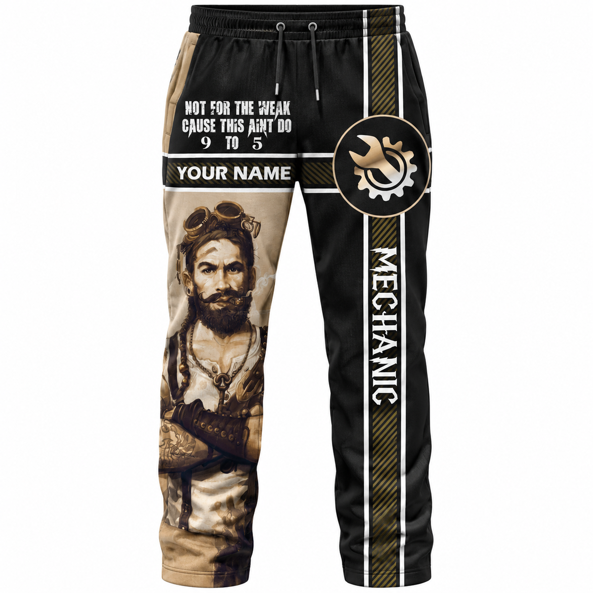 Personalized Mechanic Long Pants - Black Tan Jesus Portrait - front view