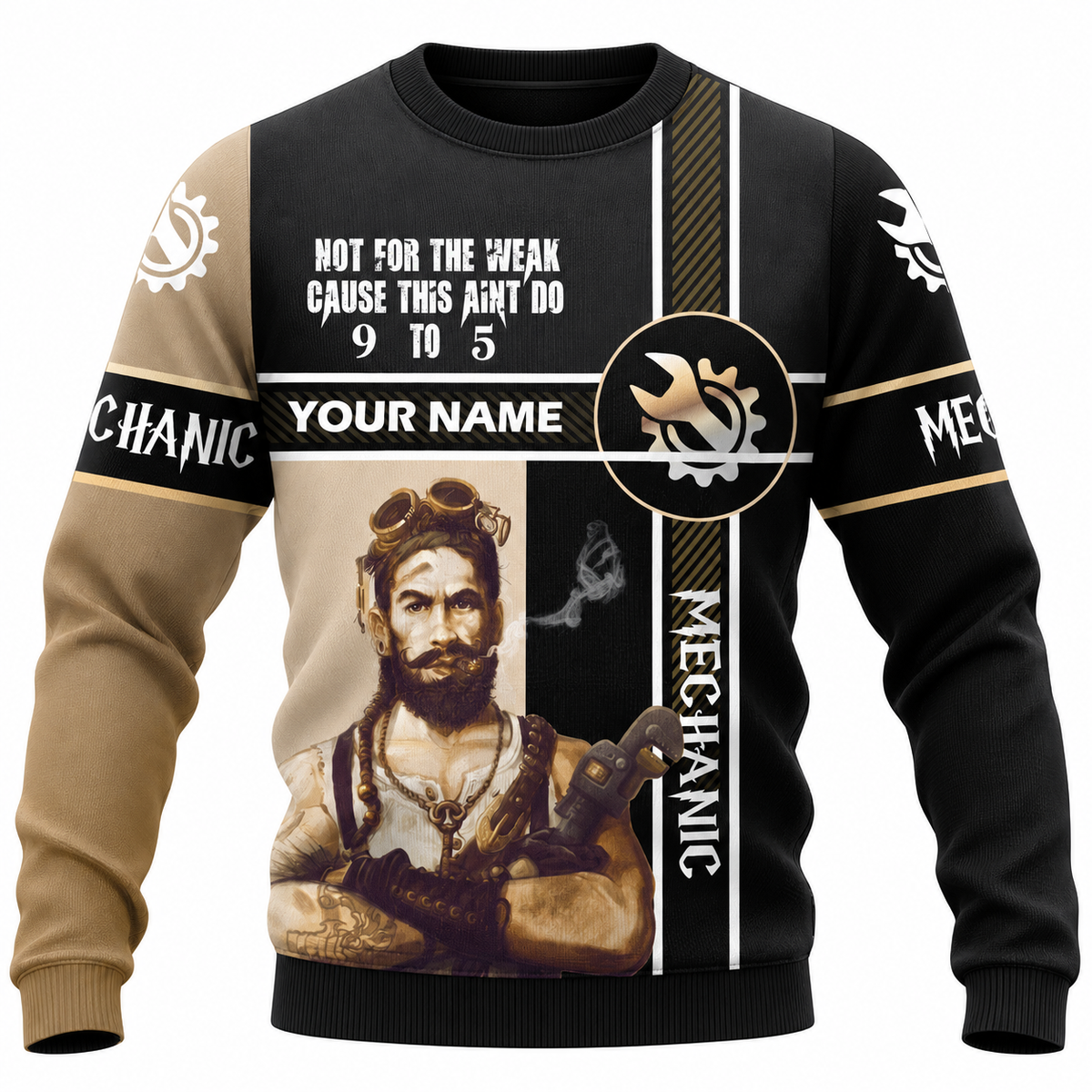 Personalized Mechanic Sweatshirt - Black Tan Jesus Portrait - front view