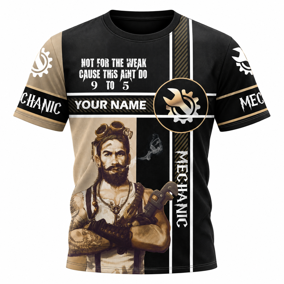 Personalized Mechanic T-Shirt - Black Tan Jesus Portrait - front view