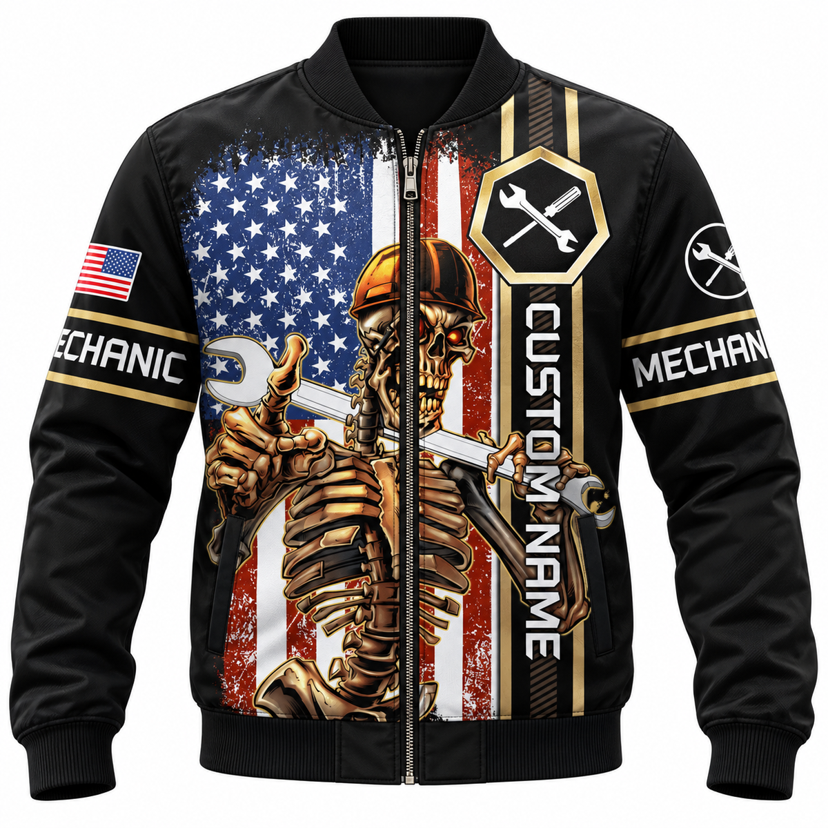 Personalized Mechanic Bomber Jacket - American Flag Mechanic Skeleton - front view