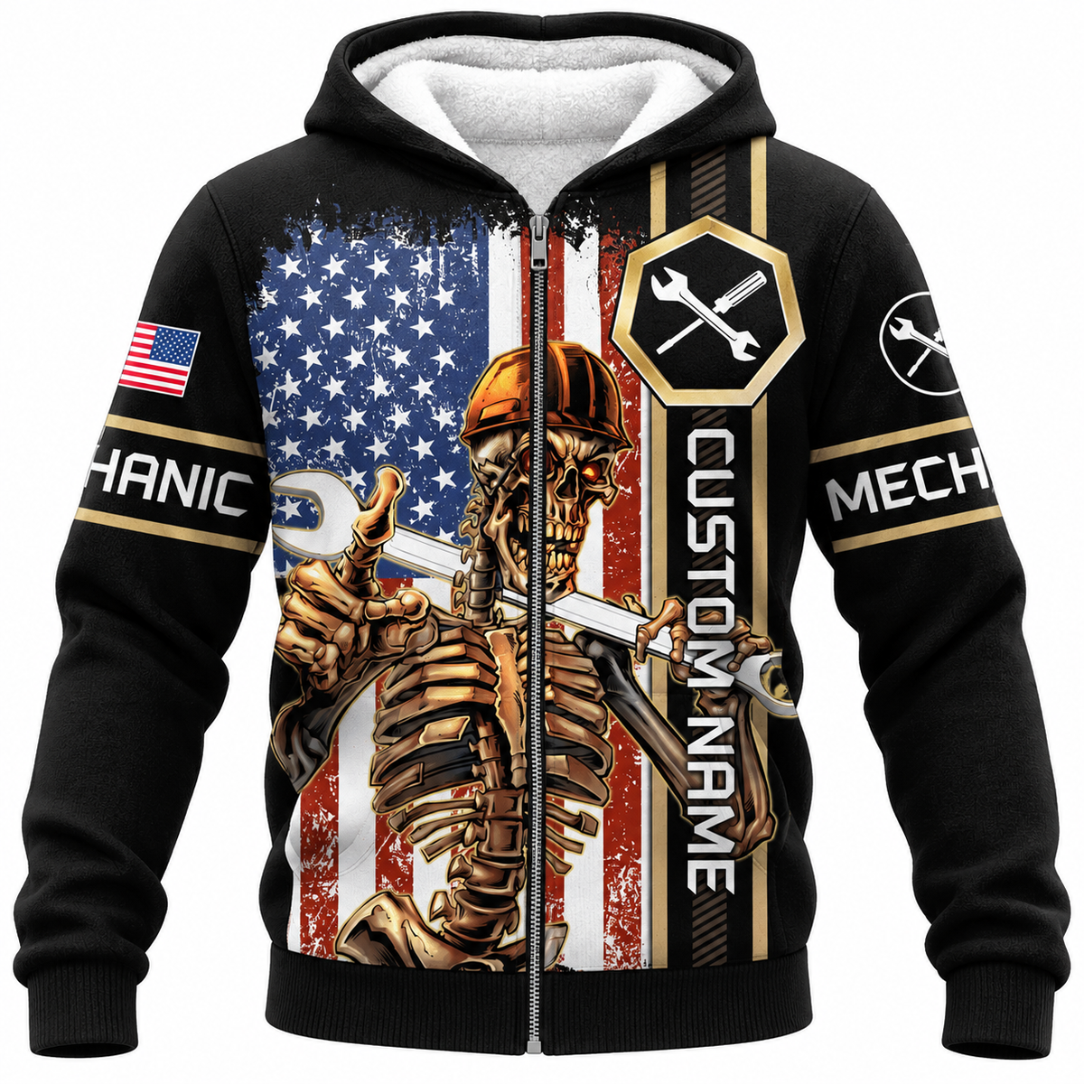 Personalized Mechanic Fleece Zip Hoodie - American Flag Mechanic Skeleton - front view