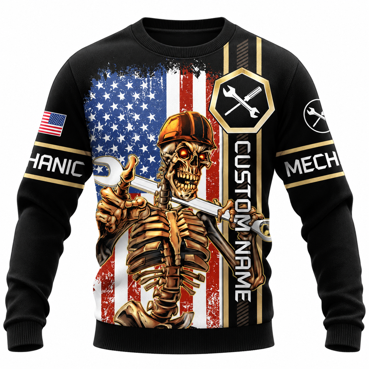 Personalized Mechanic Sweatshirt - American Flag Mechanic Skeleton - front view
