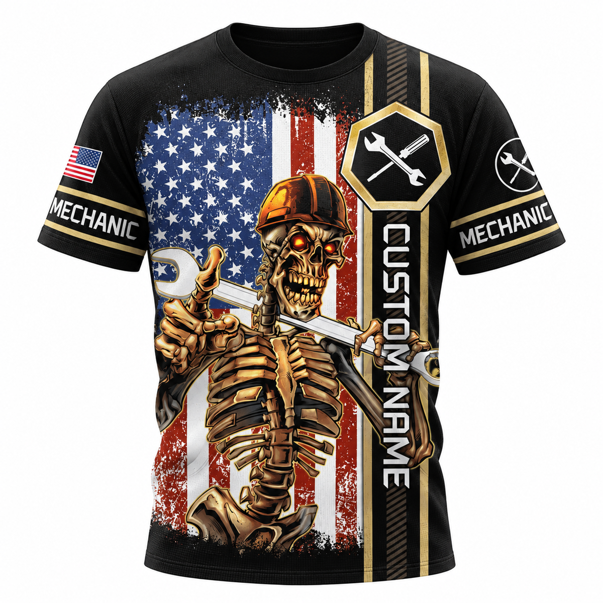 Personalized Mechanic T-Shirt - American Flag Mechanic Skeleton - front view
