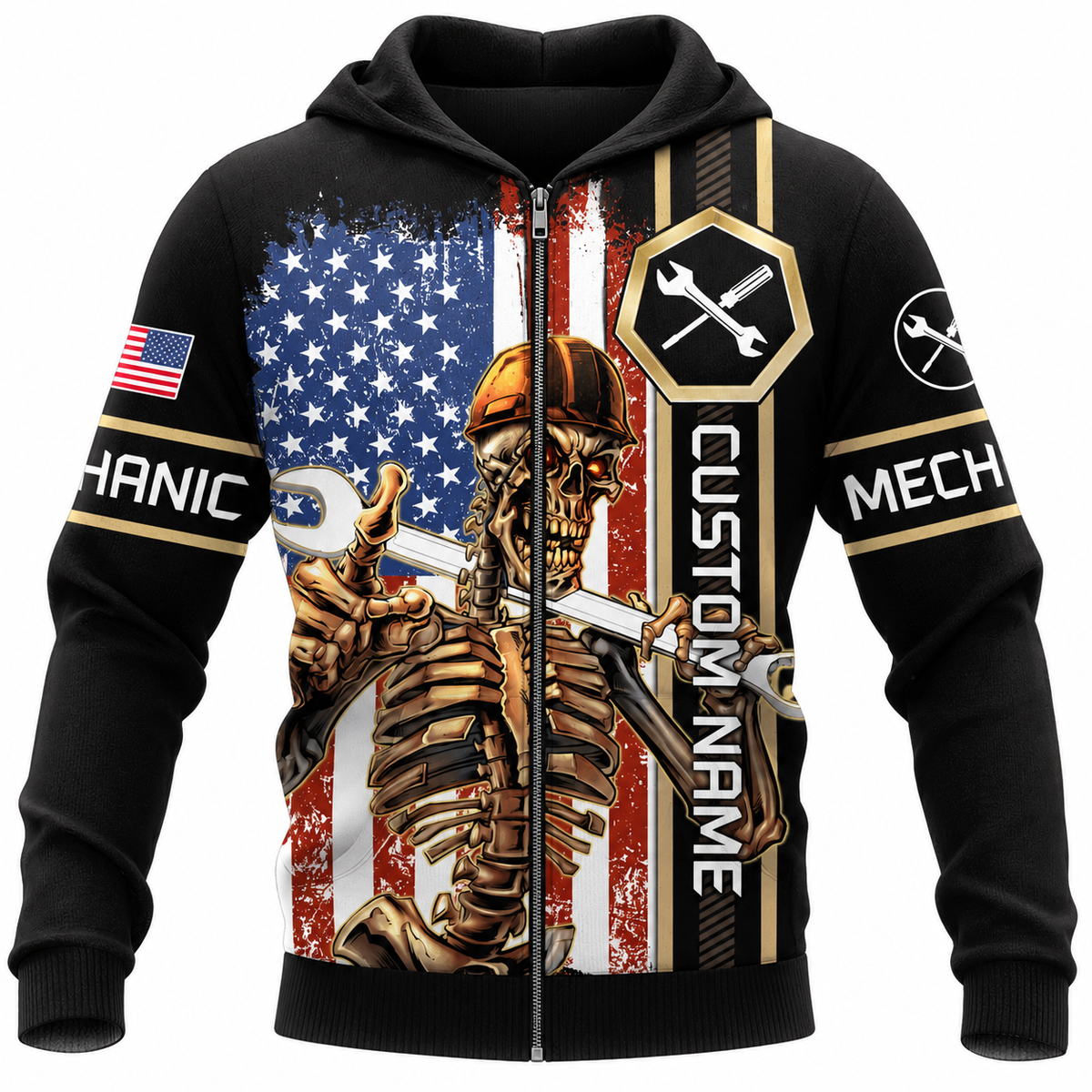 Personalized Mechanic Zip Hoodie - American Flag Mechanic Skeleton - front view