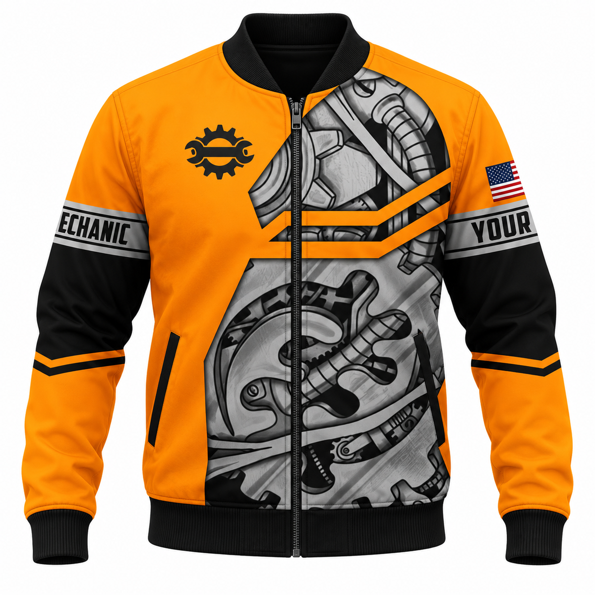 Personalized Mechanic Bomber Jacket - Orange Gear And Wrench - front view