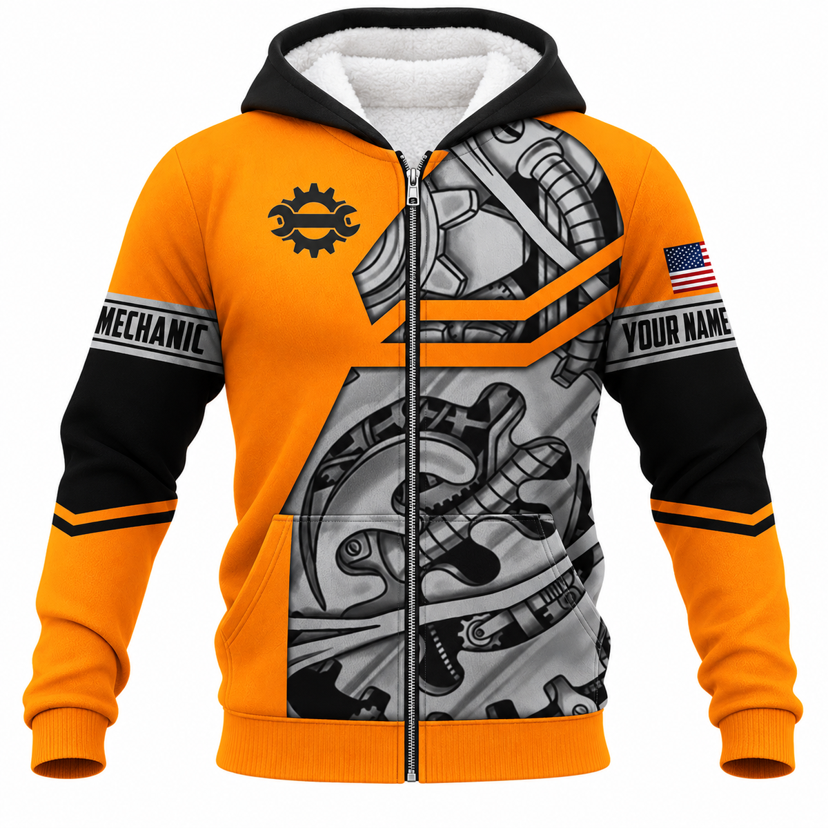 Personalized Mechanic Fleece Zip Hoodie - Orange Gear And Wrench - front view