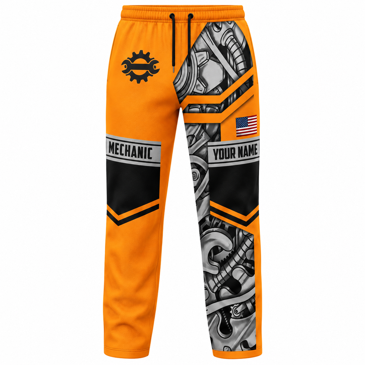 Personalized Mechanic Long Pants - Orange Gear And Wrench - front view