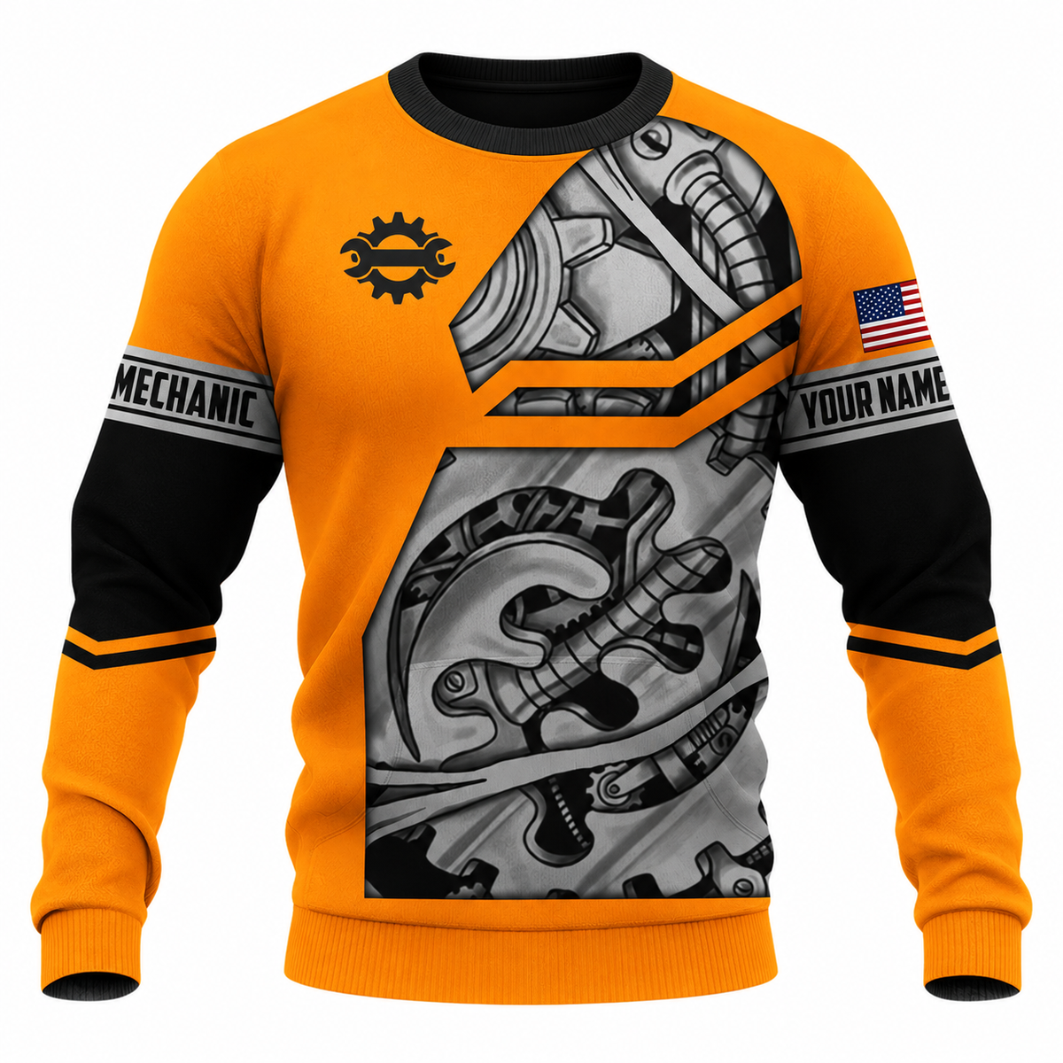 Personalized Mechanic Sweatshirt - Orange Gear And Wrench - front view