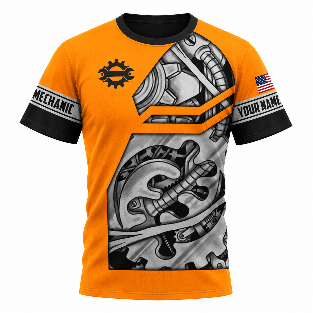 Personalized Mechanic T-Shirt - Orange Gear And Wrench - front view